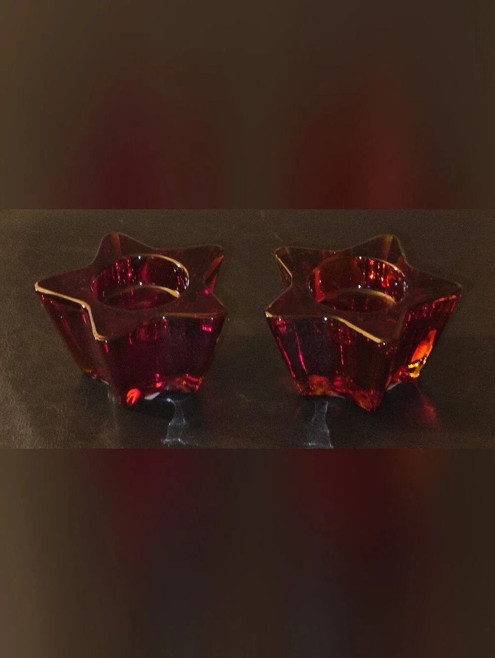Libbey Red Amber Star Glass Tealight Holders - Pair